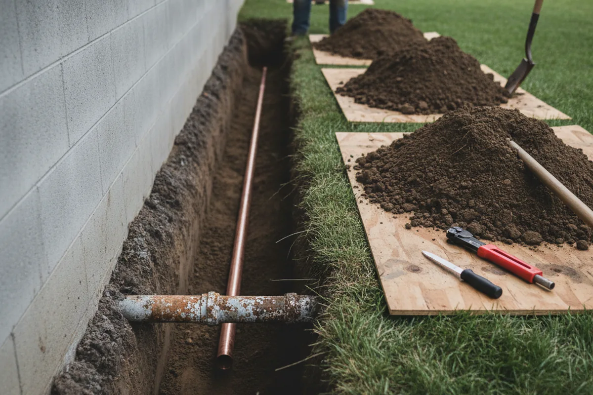 Excavated water line trench during Sewer Line Repair in Shorewood